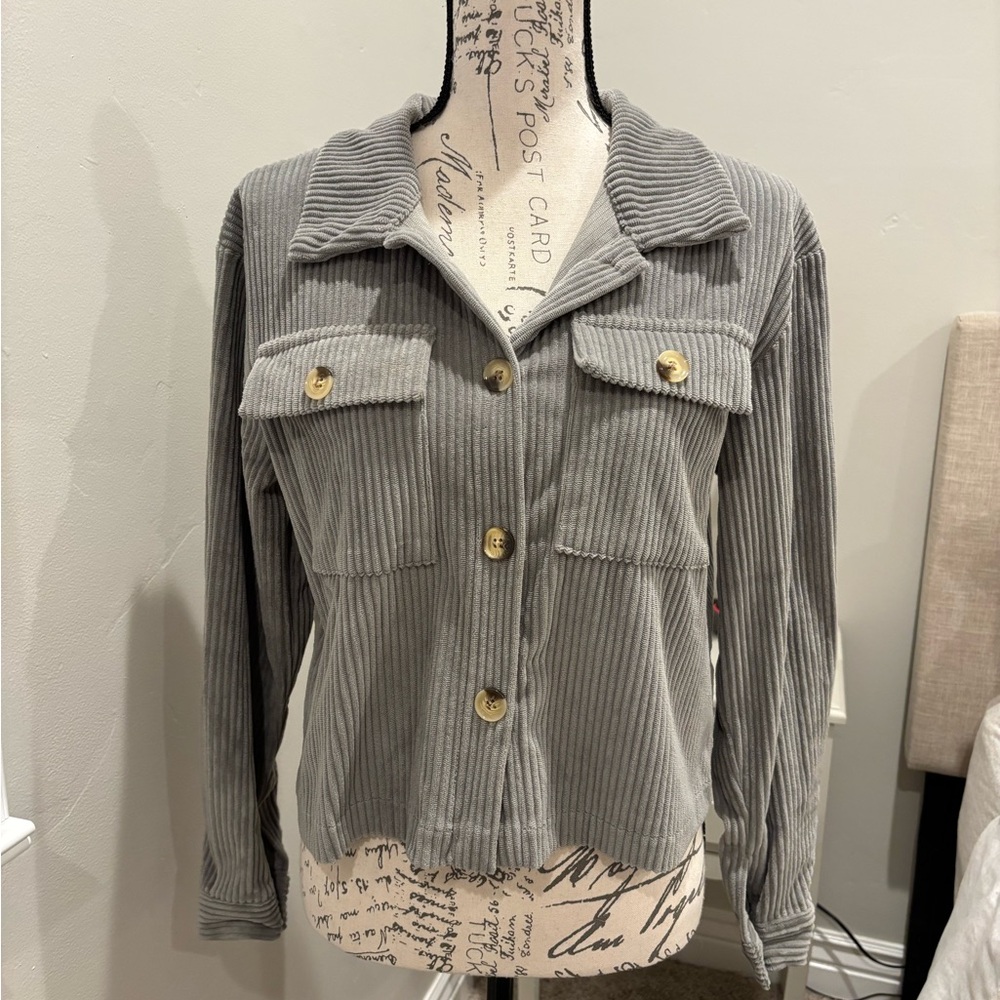 Gray Ribbed Button-Front Jacket with Chest Pockets